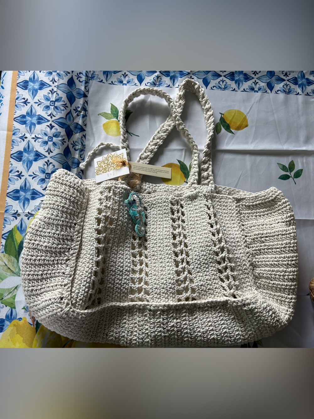 Handcrafted Cream Crochet Tote Bag with Braided Straps 21x13